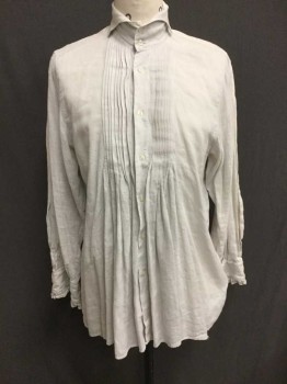 TIRELLI, Off White, Cotton, Linen, Solid, Long Sleeve Button Front, Soft Wingtip Collar, Vertical Pleats At Center Front, Center Back, & Shoulders