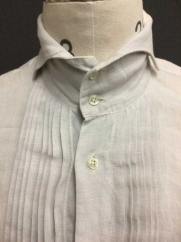 Mens, Historical Fiction Shirt, TIRELLI, Off White, Cotton, Linen, Solid, 15.5 N, Long Sleeve Button Front, Soft Wingtip Collar, Vertical Pleats At Center Front, Center Back, & Shoulders
