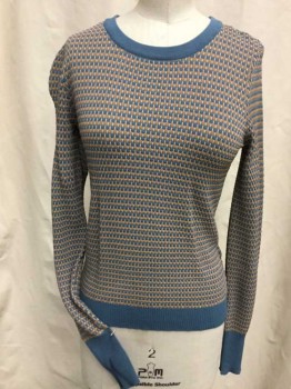 ZARA , Lt Brown, Teal Blue, Cream, Viscose, Nylon, Novelty Pattern, Mute Light Brown, Teal Blue, Cream Honeycomb, Knit Ribbed Solid Teal Blue Crew Neck, Long Sleeves Cuffs and Hem