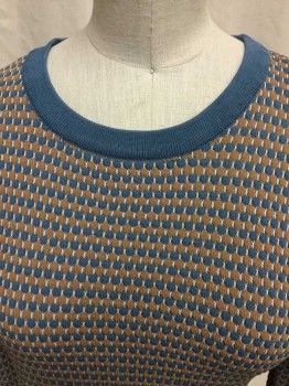 Womens, Pullover, ZARA , Lt Brown, Teal Blue, Cream, Viscose, Nylon, Novelty Pattern, XS, Mute Light Brown, Teal Blue, Cream Honeycomb, Knit Ribbed Solid Teal Blue Crew Neck, Long Sleeves Cuffs and Hem