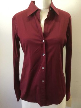 THEORY, Red Burgundy, Cotton, Nylon, Solid, Long Sleeves, Button Front, Collar Attached,