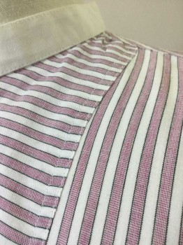 N/L, White, Wine Red, Charcoal Gray, Cotton, Stripes - Vertical , White with Wine Dotted Vertical Stripes with Charcoal Edges, Long Sleeve Button Front, Solid White Band Collar and Button Cuffs, Yoke Panel at Front, Made To Order Turn of the Century