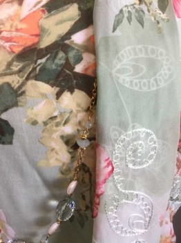 ALFRED DUNNER, Mint Green, Pink, Forest Green, Olive Green, Orange, Polyester, Beaded, Floral, Mint Green with Multi Color Floral Pattern, Short Sleeve Chiffon Overlayer, with Swirled Flower Embroidery/Texture, Shawl Collar, Sleeveless Jersey Underlayer (Same Floral Print) Attached, *** with Detachable Necklace Chain with Mint and Pearl Beads