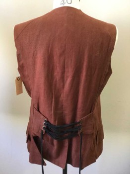 Mens, Historical Fiction Vest, MTO, Rust Orange, Cotton, Solid, 38-40, 9 Buttons, Lace Up Adjustable Back