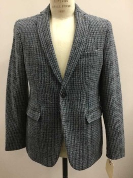Mens, Sportcoat/Blazer, Zara Man, Slate Blue, Navy Blue, Rust Orange, Tan Brown, Wool, Houndstooth, 38S, 2 Buttons,  Elbow Patches Brown Suede