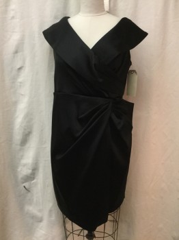 Womens, Cocktail Dress, KAY UNGER, Black, Synthetic, Solid, 16, Black, Cross Over V-neck Bust, Gathered Side with Large Bow
