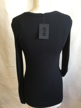 Womens, Top, ATM, Black, Modal, Spandex, Solid, M, Fine Ribbed Knit, Crew Neck, Long Sleeves,