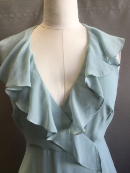 Womens, Evening Gown, C/MEO COLLECTION, Sage Green, Polyester, Solid, L, Cross Over Bust, Sleeveless with Flutter Ruffle Placket, Flutter Ruffled Diagonal Tiers, High / Low Hem