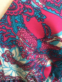 Womens, Top, BABY PHAT, Magenta Pink, Turquoise Blue, Black, White, Nylon, Spandex, Paisley/Swirls, Floral, 3X, V-neck, Strap with Clear Rhinestone and Gold Brooch, Gathered Waist