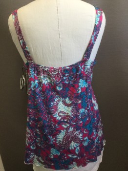Womens, Top, BABY PHAT, Magenta Pink, Turquoise Blue, Black, White, Nylon, Spandex, Paisley/Swirls, Floral, 3X, V-neck, Strap with Clear Rhinestone and Gold Brooch, Gathered Waist