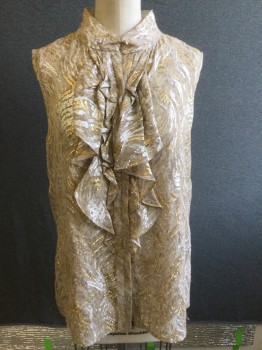 TAHARI, Beige, Gold, Silver, Silk, Swirl , Beige with Silver and Gold Metallic Pattern, Band V-neck, Snap Front with Ruffle, Sleeveless