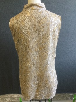 TAHARI, Beige, Gold, Silver, Silk, Swirl , Beige with Silver and Gold Metallic Pattern, Band V-neck, Snap Front with Ruffle, Sleeveless