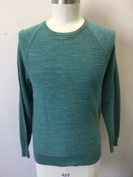 Mens, Pullover Sweater, J.CREW, Sea Foam Green, White, Cotton, Speckled, L, Seafoam with White Speckles/Streaks, Lightweight/Airy Knit, Long Sleeves, Raglan Sleeves, Crew Neck