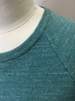 Mens, Pullover Sweater, J.CREW, Sea Foam Green, White, Cotton, Speckled, L, Seafoam with White Speckles/Streaks, Lightweight/Airy Knit, Long Sleeves, Raglan Sleeves, Crew Neck
