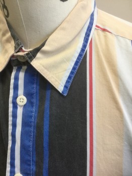 URBAN OUTFITTERS, Multi-color, Beige, Blue, White, Black, Cotton, Stripes - Vertical , Beige/White/Blue/Black/Red Vertical Stripes, Short Sleeve Button Front, Collar Attached, 1 Patch Pocket,  Folded Cuffs, Retro 80's Inspired