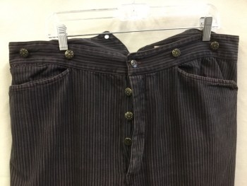 Mens, Historical Fiction Pants, AMERICAN COSTUME, Black, Brown, Cotton, Stripes - Vertical , 29, 38, Black/brown Vertical Stripes, 2" Waistband with 7 Brass Buttons with Stars and Matching Button Front, 5 Pockets, Short Adjustable Belt Back Center with Silver Buckle