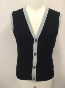 Mens, Sweater Vest, CLUB MONACO, Black, Lt Gray, Cotton, Cashmere, Color Blocking, M, Solid Black Body with Lt Gray Trim, 4 Button Front, Ribbed Knit Placket/Armholes, Ribbed Knit Waistband