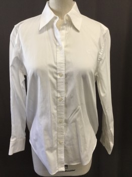 LAUREN, White, Cotton, Solid, Collar Attached, Button Front, Long Sleeves,