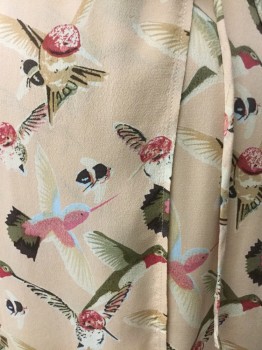REFORMATION, Peach Orange, Pink, Lt Blue, Olive Green, Polyester, Novelty Pattern, Hummingbird Print in Muted Olive, Pinks & Brown on Light Peach Background. Cross Over V Neck, Short Sleeves, Wrap Style with Self Tie at Side Waist