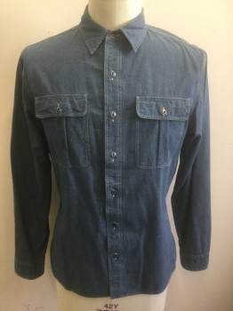 DOUBLE RL, Denim Blue, Cotton, Solid, Chambray, Long Sleeve Button Front, Collar Attached, 2 Patch Pockets with Button Flap Closures