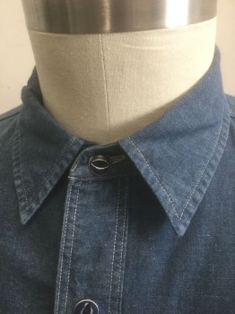 DOUBLE RL, Denim Blue, Cotton, Solid, Chambray, Long Sleeve Button Front, Collar Attached, 2 Patch Pockets with Button Flap Closures
