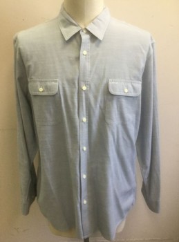 NORDSTROM, Lt Blue, Cotton, Solid, Dusty Light Blue, Long Sleeve Button Front, Collar Attached, White Topstitching, 2 Patch Pockets with Button Flap Closures