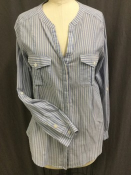 JOIE, Baby Blue, White, Dk Blue, Cotton, Stripes - Vertical , Baby Blue, V-neck, Hidden Front, 2 Pockets with Flap, Long Sleeves,