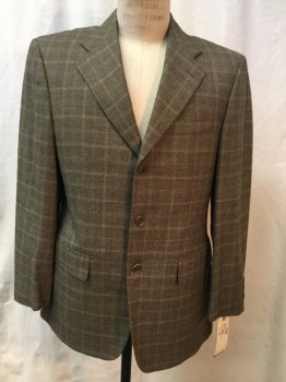 FACONNABLE, Brown, Green, Rayon, Heathered, Plaid-  Windowpane, Notched Lapel, Collar Attached, 3 Buttons,  3 Pockets,