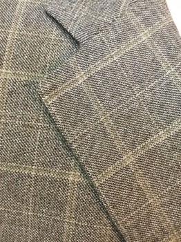 FACONNABLE, Brown, Green, Rayon, Heathered, Plaid-  Windowpane, Notched Lapel, Collar Attached, 3 Buttons,  3 Pockets,