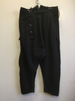 Mens, Casual Pants, LOST & FOUND, Black, Cotton, Solid, W 33, Black, Buttons on Right Side, Drop Crotch, Cut Off Hem