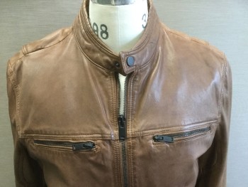 Mens, Leather Jacket, DANIER, Caramel Brown, Leather, Medium, 2 Zipper Breast Pockets, Snap Stand Collar, Zipper at Sleeve Cuff