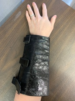 Unisex, Sci-Fi/Fantasy Gauntlets, MTO, Black, Leather, Solid, Pair, Patent Leather, Metal Loops, Velcro Tabs