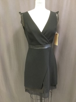 Womens, Cocktail Dress, ALICE & OLIVIA, Black, Polyester, Leather, Solid, 6, Surplice V-neck, Faux Wrap, Sleeveless with Lace Sleeve Caps, Leather Waistband Insert, Irregular Layers of Chiffon/crepe and Leather, V-back with Fan of Lace Center Back, Back Zipper,