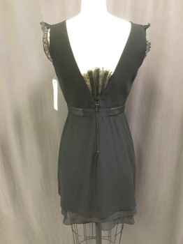 Womens, Cocktail Dress, ALICE & OLIVIA, Black, Polyester, Leather, Solid, 6, Surplice V-neck, Faux Wrap, Sleeveless with Lace Sleeve Caps, Leather Waistband Insert, Irregular Layers of Chiffon/crepe and Leather, V-back with Fan of Lace Center Back, Back Zipper,