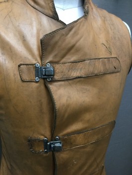 Mens, Vest, MTO, Caramel Brown, Leather, Metallic/Metal, Solid, C36-38, Stand Collar, with 3 Rustic Clasps, Aged, Hand Stitched Repairs, Adjustable Back Waist Belt, Shiny Lining, Medieval, Sexy Brigand, Young Robinhood, Post Apocalyptic Ranger