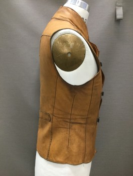MTO, Caramel Brown, Leather, Metallic/Metal, Solid, Stand Collar, with 3 Rustic Clasps, Aged, Hand Stitched Repairs, Adjustable Back Waist Belt, Shiny Lining, Medieval, Sexy Brigand, Young Robinhood, Post Apocalyptic Ranger