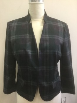 Womens, Blazer, NINE WEST, Charcoal Gray, Dk Purple, Gray, Black, Polyester, Viscose, Plaid, 12, Thin Stand Collar/Notch Lapel Hybrid, Padded Shoulders, 1 Hook&Eye Closure at Center Front, 2 Pockets, Solid Dark Purple Lining