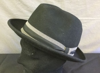 Mens, Fedora, HATS IN THE BELFRY, Black, Wool, Solid, L, Black Felt, Black/White Chevron Ribbon Hat Band