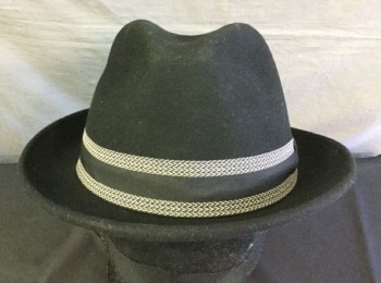 HATS IN THE BELFRY, Black, Wool, Solid, Black Felt, Black/White Chevron Ribbon Hat Band