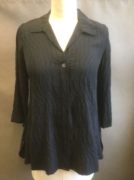 CITRON, Black, Silk, Abstract , Self Wavy Lines Pattern/Texture, 3/4 Sleeve Button Front, Collar Attached, Tunic Length