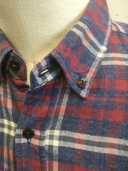 RAILS, Navy Blue, Red, Ecru, Cotton, Plaid, Flannel, Long Sleeve Button Front, Collar Attached, Button Down Collar, 1 Patch Pocket