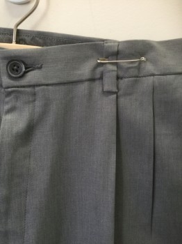 HAGGAR, Gray, Polyester, Solid, Double Pleated, Zip Fly, 4 Pockets, Straight Leg, Adjustable Tabs at Inside Waist