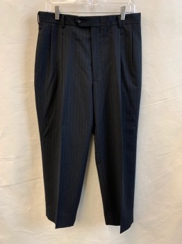 HART SCHAFFNER MARX, Charcoal Gray, Lt Brown, Wool, Stripes - Pin, Double Pleats, Zip Bly, Button Tab Closure, Belt Loops, 4 Pockets, Suspender Buttons