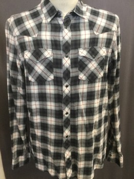 Mens, Western, ALL SAINTS, Black, Gray, Red, White, Cotton, Plaid, L, Collar Attached, Snap Front, Long Sleeves, Patch Flap Pockets