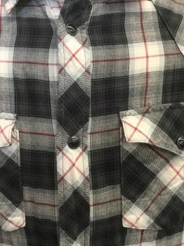Mens, Western, ALL SAINTS, Black, Gray, Red, White, Cotton, Plaid, L, Collar Attached, Snap Front, Long Sleeves, Patch Flap Pockets