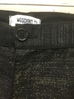 MOSCHINO, Black, Silver, Metallic, Cotton, Acetate, Stripes - Micro, Black with Silver Metallic Ribbed Microstripe, Tapered Leg, 1" Wide Waistband, Zip Fly, 2 Side Pockets