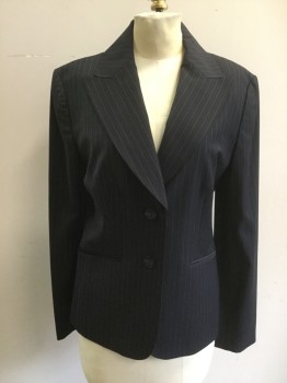 Womens, Suit, Jacket, ANN TAYLOR, Midnight Blue, Navy Blue, Lt Blue, Wool, Nylon, Stripes - Pin, 4, Midnight with Navy and Lt Blue Stripes, Single Breasted, Collar Attached, Peaked Lapel, 2 Buttons,  2 Pockets
