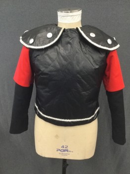MARYLEN, Black, Red, Polyurethane, Polyester, Color Blocking, KNIGHT:  Faux Leather, Velcro Back, Large Rounded Peter Pan Collar, Silver Braided Detail and Silver Buttons, Black Red Short Sleeves Over Long Black Sleeves, Pleather Splitting at Neck