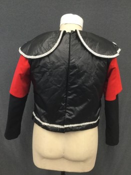 Unisex, Top, MARYLEN, Black, Red, Polyurethane, Polyester, Color Blocking, Ch 42, KNIGHT:  Faux Leather, Velcro Back, Large Rounded Peter Pan Collar, Silver Braided Detail and Silver Buttons, Black Red Short Sleeves Over Long Black Sleeves, Pleather Splitting at Neck