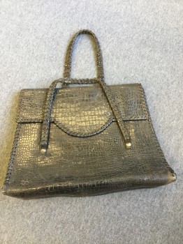 NL, Black, Leather, Reptile/Snakeskin, Small Rectangular Purse of Reptile Skin, Wrist Straps, Braided with Black Patent Wang,